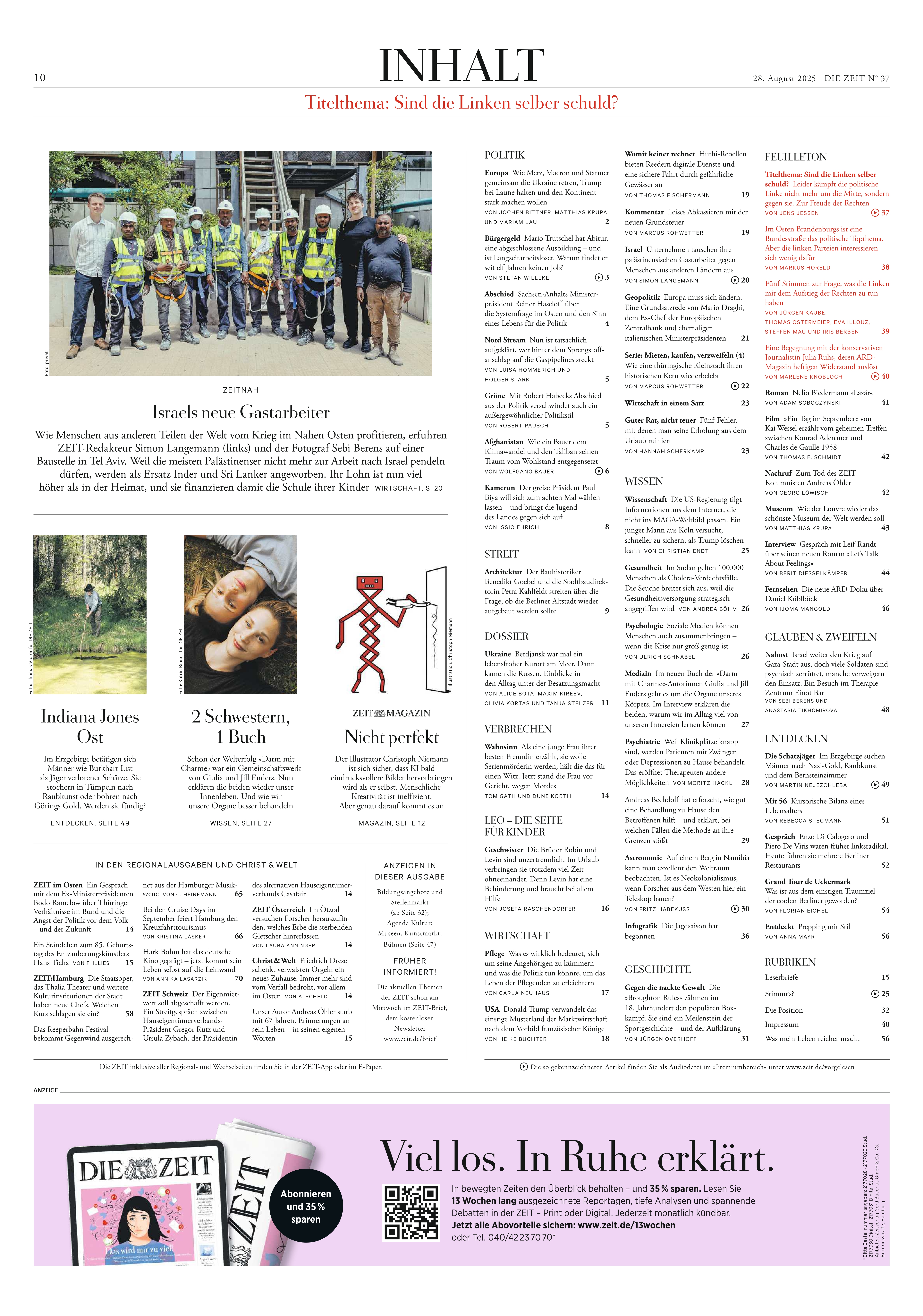 Titelseite der Wochenzeitung DIE ZEIT 37/2025 mit Inhaltsverzeichnis, Überschriften zu aktuellen Themen, Fotos von Menschen in Sicherheitswesten und weiteren redaktionellen Elementen. Große weiße Flächen, schwarze und rote Schrift sowie strukturierte Spalten.