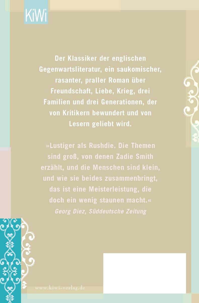 Buchcover von „Smith, Z: Zähne zeigen“ mit beige-braunem Hintergrund und türkisfarbenen Elementen. Text auf dem Cover beschreibt das Buch als Klassiker der Gegenwartsliteratur und enthält eine Rezension der Süddeutschen Zeitung.