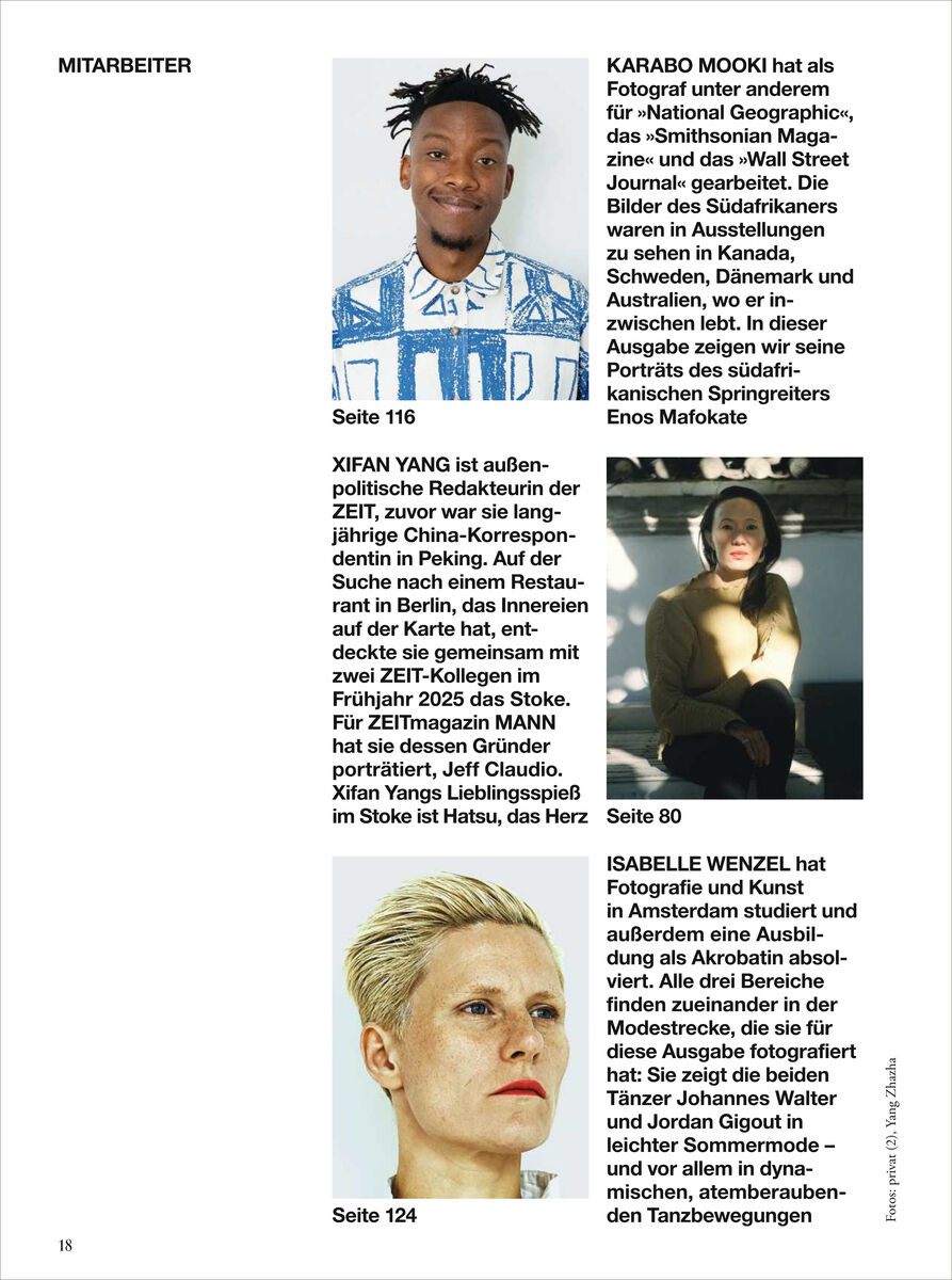 Magazinseite mit vier rechteckigen Porträtfotos und kurzen Texten zu den abgebildeten Mitarbeitenden. Hintergründe der Porträts sind hell oder neutral gehalten. Die Seite ist klar strukturiert, Text und Bilder wechseln sich ab, oben links steht die Überschrift „MITARBEITER“.