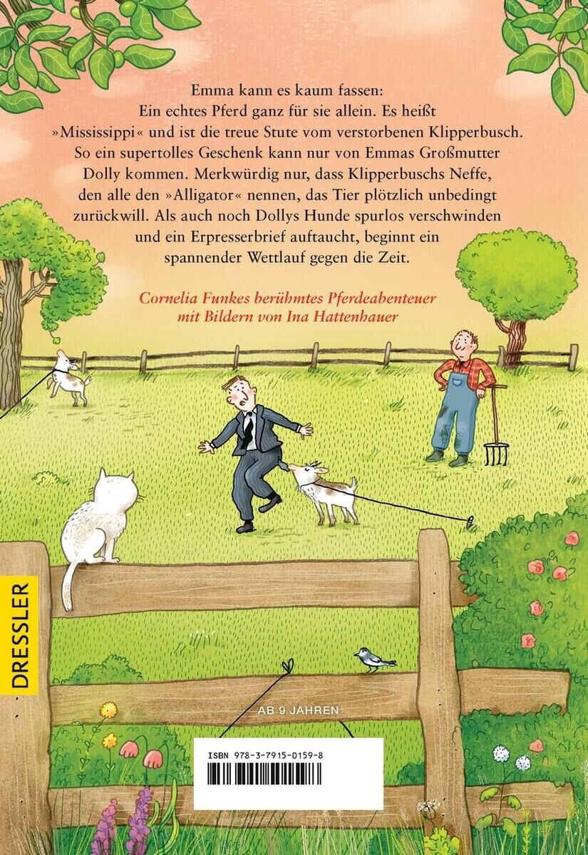 Rückseite eines Kinderbuches mit dem Titel 'Hände weg von Mississippi' von Cornelia Funke. Ein illustriertes Bild zeigt eine ländliche Szene mit Tieren und Personen auf einem Bauernhof. Im Hintergrund ein grünes Feld und ein blauer Himmel. Unten links der Verlag Dressler und ISBN-Barcode.