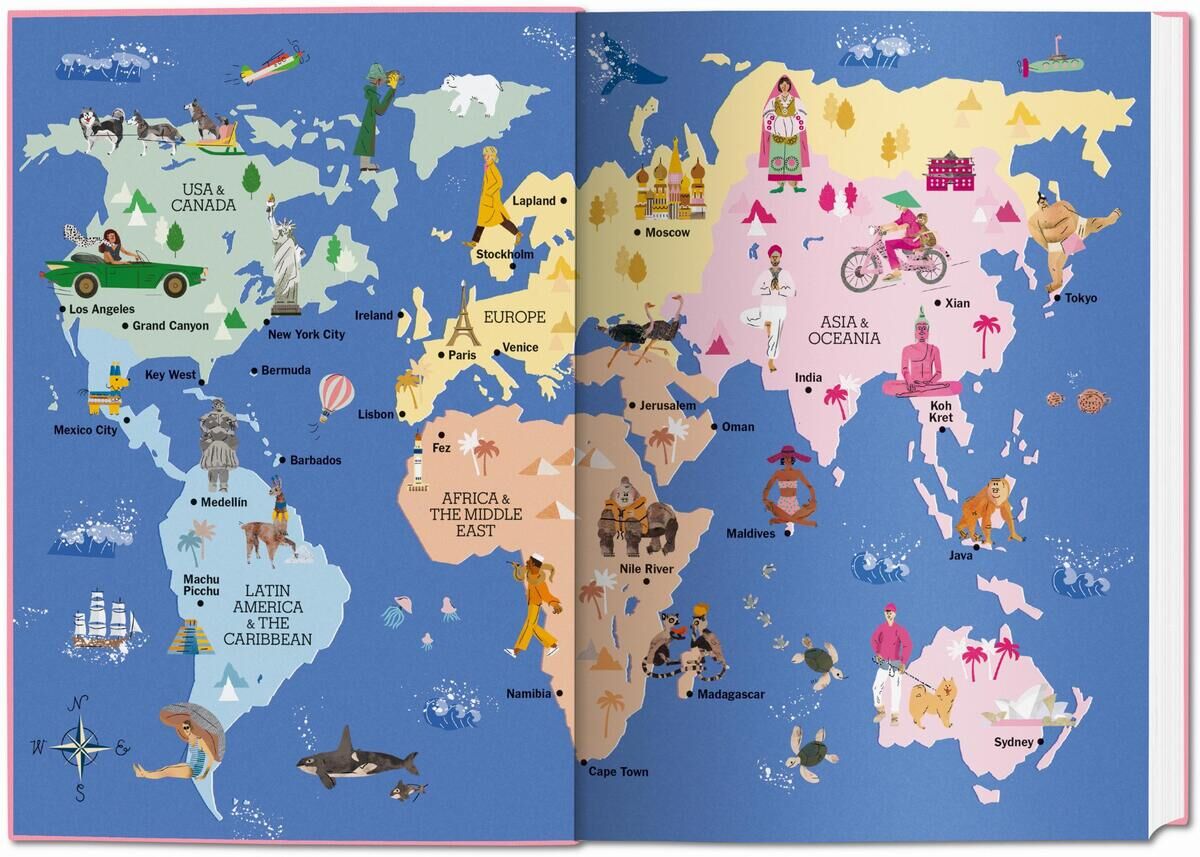 Eine doppelseitige illustrierte Weltkarte aus dem Buch 'The New York Times Explorer. 100 Reisen rund um die Welt', die verschiedene Länder, Sehenswürdigkeiten und kulturelle Symbole zeigt. Die Karte ist in lebhaften Farben gestalten und betont verschiedene Kontinente und bedeutende Orte.