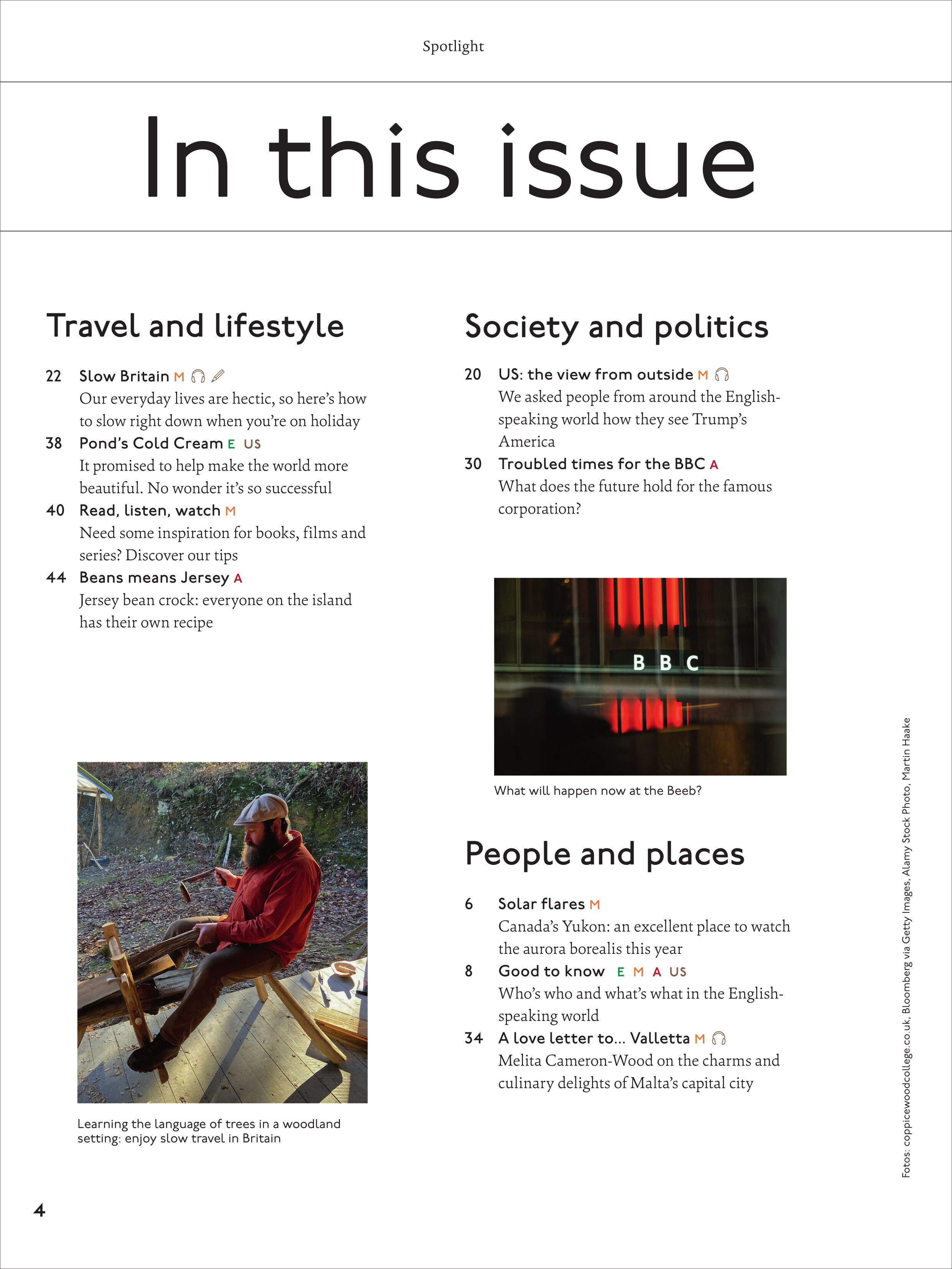 Magazinseite mit Überschrift 'In this issue', drei Rubriken mit Artikelbeschreibungen und einem Foto unten links von einer Frau im Wald. Klare, moderne Gestaltung mit Text in Schwarz auf weißem Hintergrund und Farbakzenten.