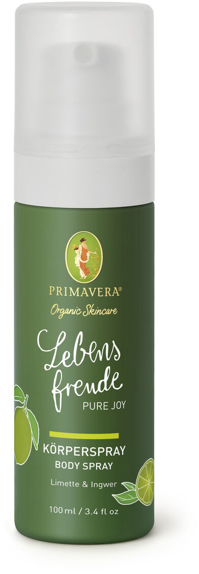 Ein Duftset namens »Lebensfreude« von Primavera, das ein 100 ml Körperspray mit Limette und Ingwer enthält. Das Spray hat eine grüne Flasche mit weißem und gelbem Text und einem durchsichtigen Deckel.