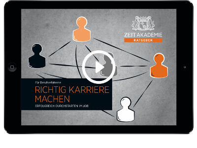 Ein Bild des Produkts »Richtig Karriere machen«-Ratgeber von Zeit Akademie, dargestellt auf einem Tablet-Bildschirm mit Illustrationen von Personen-Symbolen, die miteinander vernetzt sind.