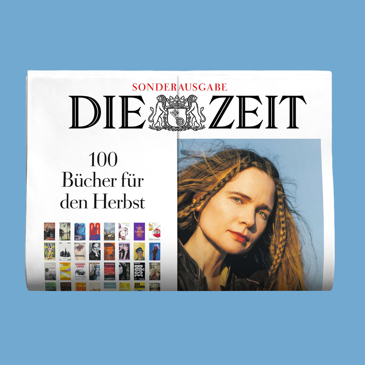 Titelblatt der DIE ZEIT Sonderausgabe Literatur 43/2026 mit großem Logo, einem Porträt einer Frau mit langen Haaren vor blauem Himmel, dem Text '100 Bücher für den Herbst' sowie kleinen Coverbildern von verschiedenen Büchern auf weißem Hintergrund.
