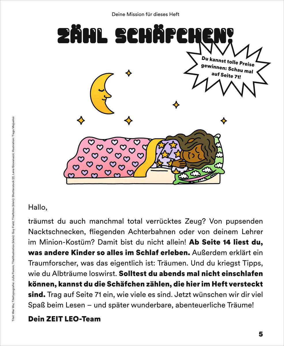 Illustration von einer Person, die im Bett liegt und schläft. Umgeben von Sternen, einem Mond und der Überschrift 'Zähl Schäfchen'. Text über Träume und Tipps zum Einschlafen.