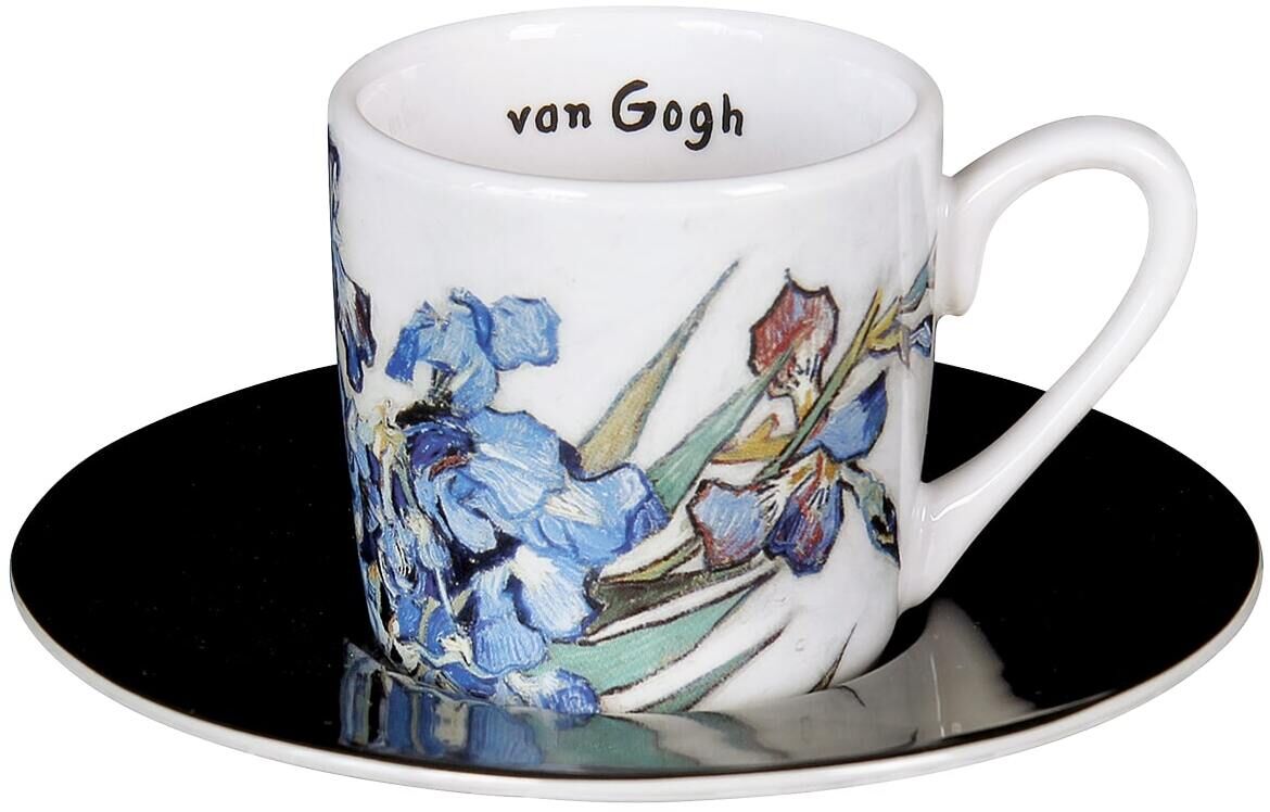 Eine Espressotasse mit Untertasse, verziert mit einem Blumenmotiv und der Aufschrift 'van Gogh'.