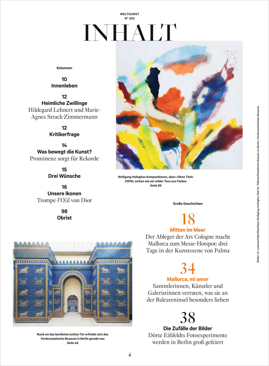 Seite eines Kunstmagazins mit Inhaltsverzeichnis: Links Spalten mit Themen und Seitenzahlen in Schwarz und Orange, oben rechts ein expressives abstraktes Gemälde in kräftigen Rot-, Gelb-, Blau- und Grüntönen, zentrale große Überschrift 'INHALT', elegante moderne Gestaltung auf weißem Hintergrund.