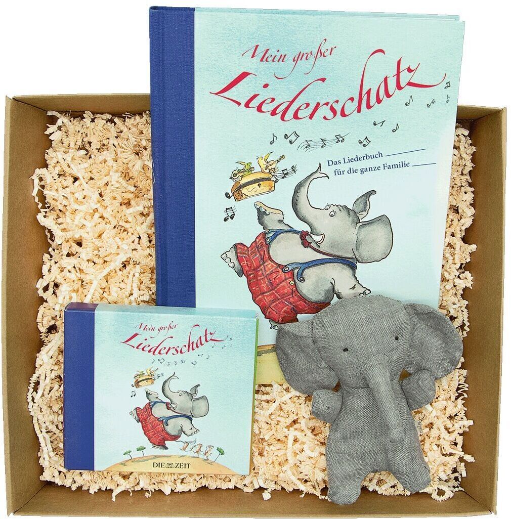 Geschenkset „Musik für die Kleinen“, bestehend aus einem illustrierten Liederbuch, einer passenden CD und einem kleinen Stoffelefanten, arrangiert in einer Schachtel mit Holzwolle.