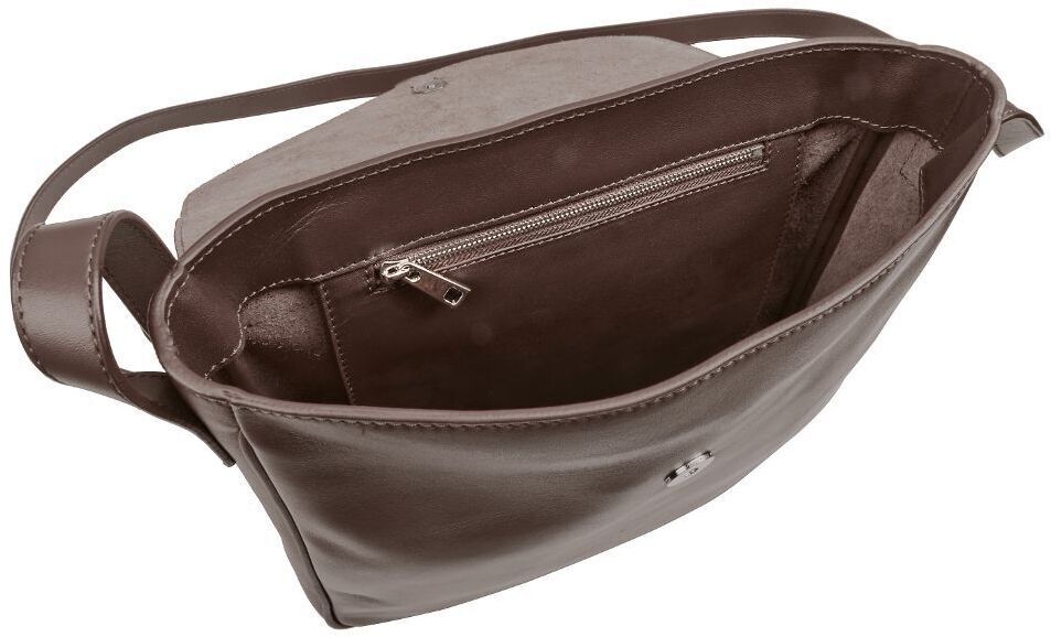 Die Abbildung zeigt eine braune »Saddle Bag« Umhängetasche aus Leder mit einem Innenraum und einem Reißverschlussfach. Die Tasche hat ein schlichtes und modernes Design.
