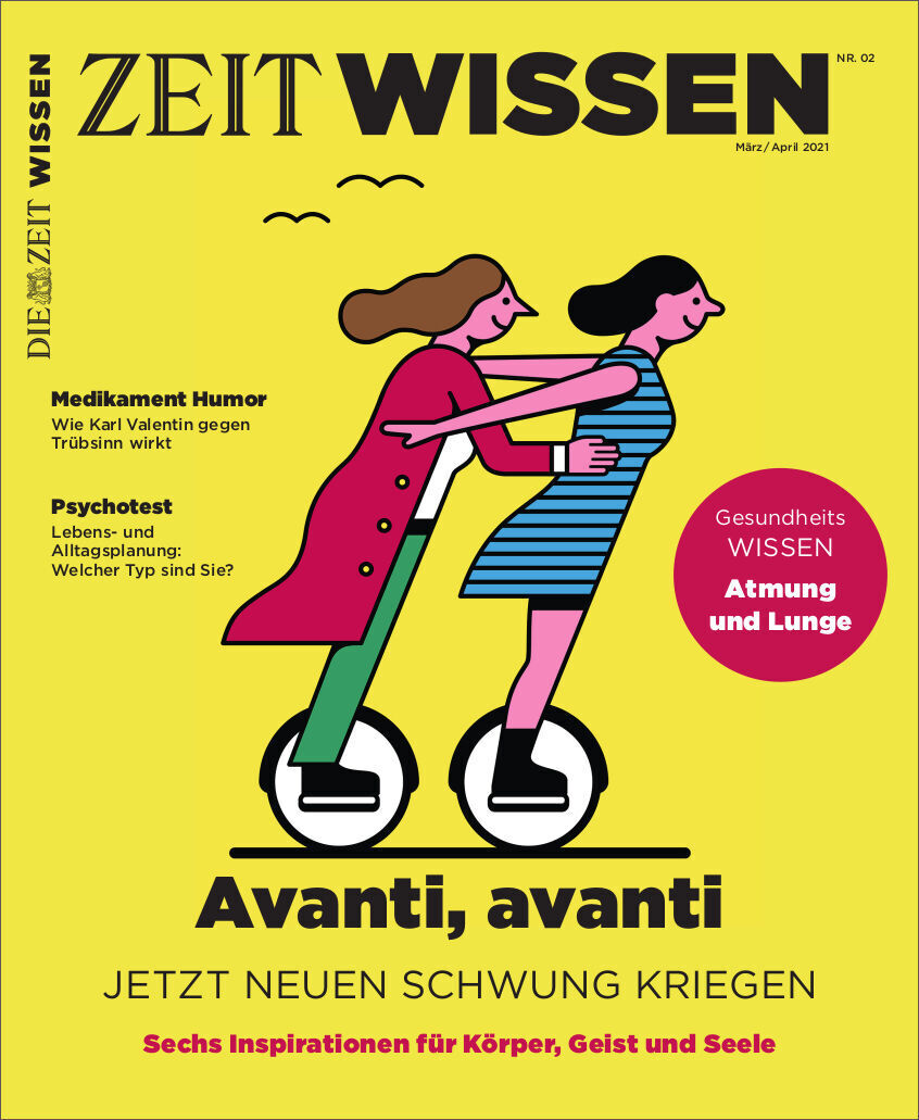 ZEIT WISSEN Magazincover Ausgabe 2/21 mit dem Titel 'Avanti, avanti - Jetzt neuen Schwung kriegen'. Zwei stilisierte Figuren auf Segways; eine Person trägt ein rotes Kleid, die andere ein gestreiftes Tanktop und blaue Shorts. Hintergrund überwiegend gelb, Textelemente in Schwarz, Rot und Blau.