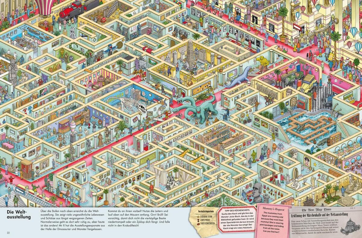 Eine bunte, detailreiche Illustration eines großen Labyrinths aus dem Buch 'Pierre, der Irrgarten-Detektiv', gefüllt mit zahlreichen Charakteren, versteckten Objekten und verschiedenen Szenarien. Das Bild zeigt eine lebhafte Szene, die viele Abenteuer und Entdeckungen für junge Leser bietet.