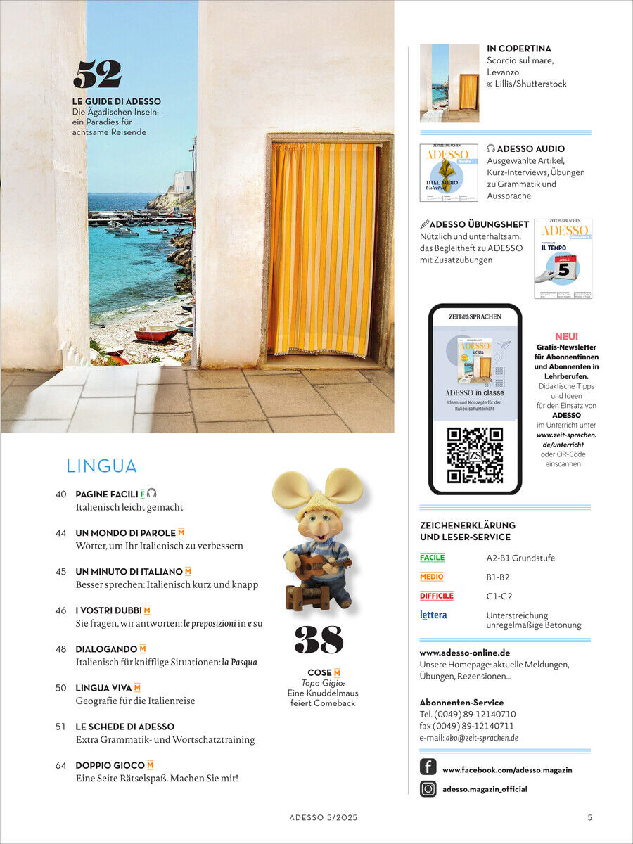Cover des Adesso Magazins 5/2025 mit dem Titel 'Lingua'. Es zeigt eine Illustration eines italienischen Straßenmotivs mit einer offenen Tür im Vordergrund. Enthält ein Inhaltsverzeichnis und ein kleines Bildmotiv mit einer Mausfigur.