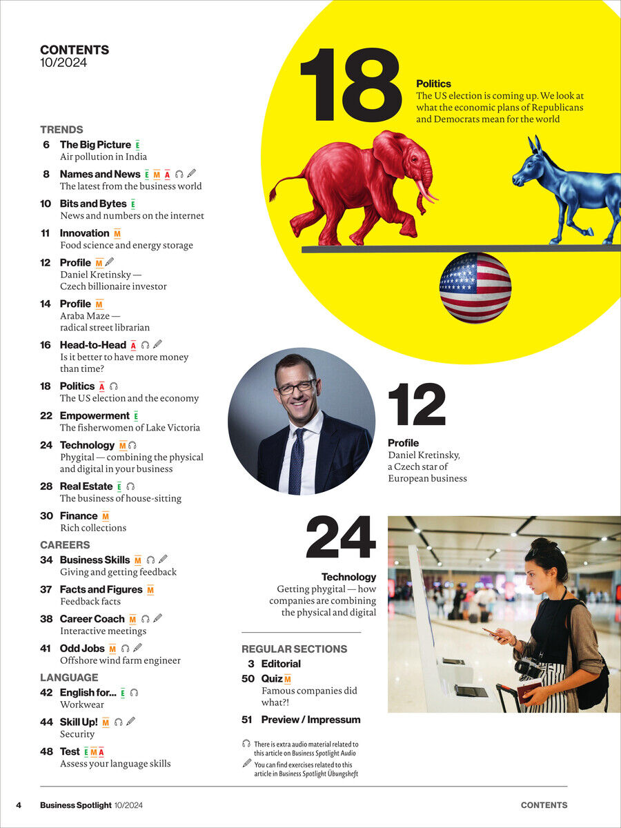 Inhaltsverzeichnis des Business Spotlight Magazins 10/2024. Oben steht die Ausgabe-Nummer 10/2024 mit großen gelben und blauen Feldern. Der Schwerpunkt liegt auf Themen wie Politik, Trends, Wohlstand, Innovation, Profile und Technologie. Ein Bild eines Mannes, leicht lächelnd, mit Brille und Anzug sowie eines einer Frau, die mit VR-Technologie arbeitet, sind zu sehen.