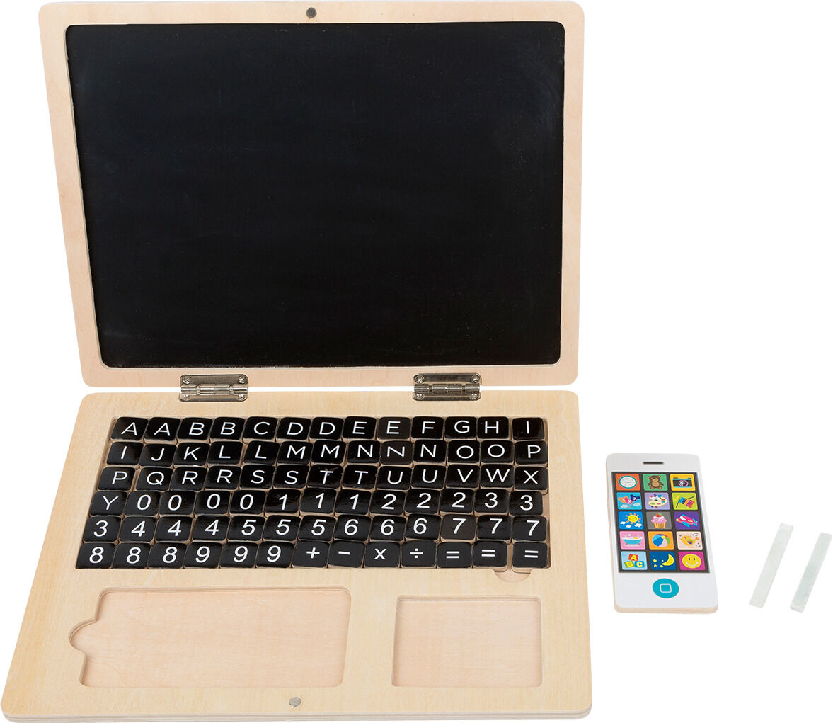 Holzlaptop mit Magnettafel, bestehend aus einem klappbaren Holzkasten mit schwarzer Magnetfläche, magnetischen Buchstaben auf der Tastatur und einem kleinen weißen Spielzeughandy.