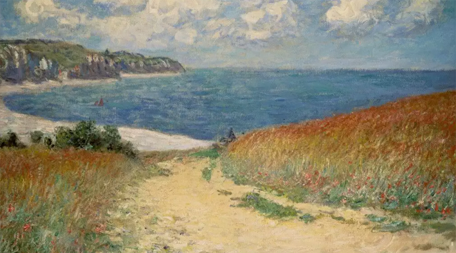 Landschaft mit einem Weg durch ein Feld, das zum Meer mit Klippen und bewölktem Himmel führt