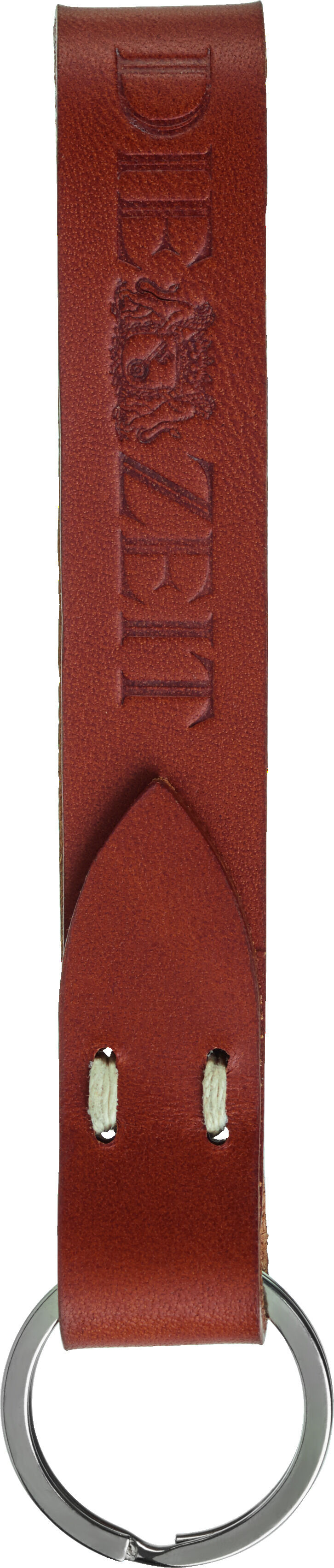 Ein roter Leder-Schlüsselanhänger aus der ZEIT Kollektion, mit eingraviertem Schriftzug und einem silbernen Schlüsselring.