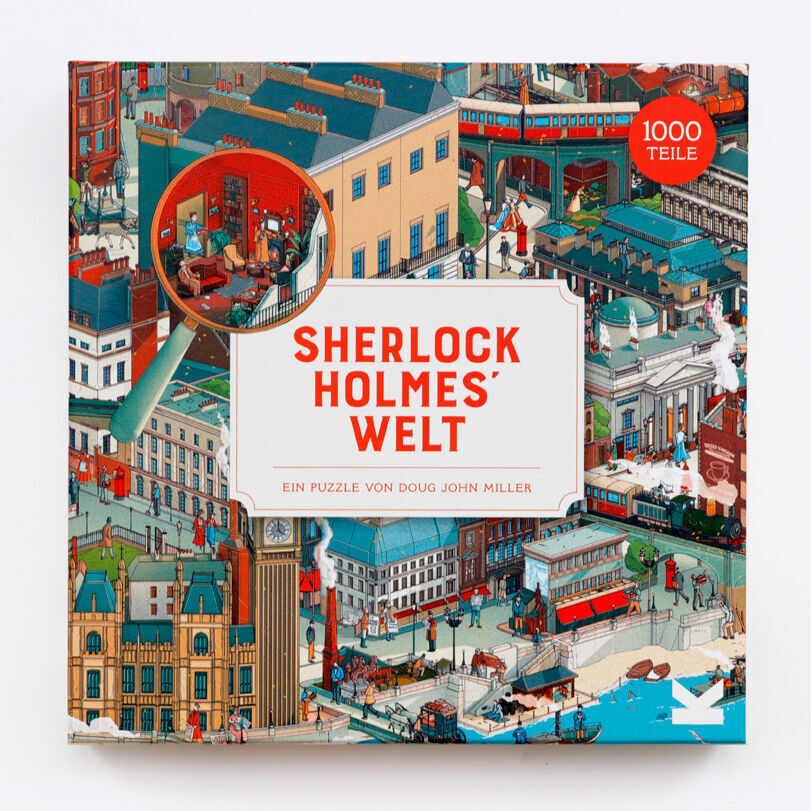 Verpackung eines Puzzles mit dem Titel "Sherlock Holmes’ Welt", das aus 1000 Teilen besteht. Das Design zeigt eine lebendige und detailreiche Illustration einer Stadt mit verschiedenen Gebäuden und Sherlock Holmes-inspirierten Szenen. Die dominierenden Farben sind Blau, Rot, Weiß und Grün.