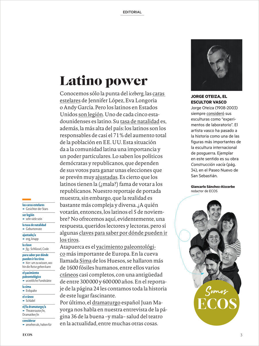 Eine Seite des Ecos Magazins 13/2024 mit dem Titel 'Latino power', enthält Textabsätze und ein Bild von Jorge Oteiza. Der Hintergrund ist weiß mit gelben und blauen Elementen.