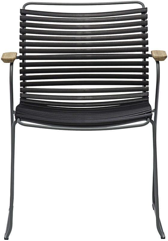 »CLICK Dining Chair« mit Armlehne, minimalistisches Design mit schwarzen Metallrahmen und hellen Holzarmlehnen, geeignet für Innen- und Außeneinsatz.