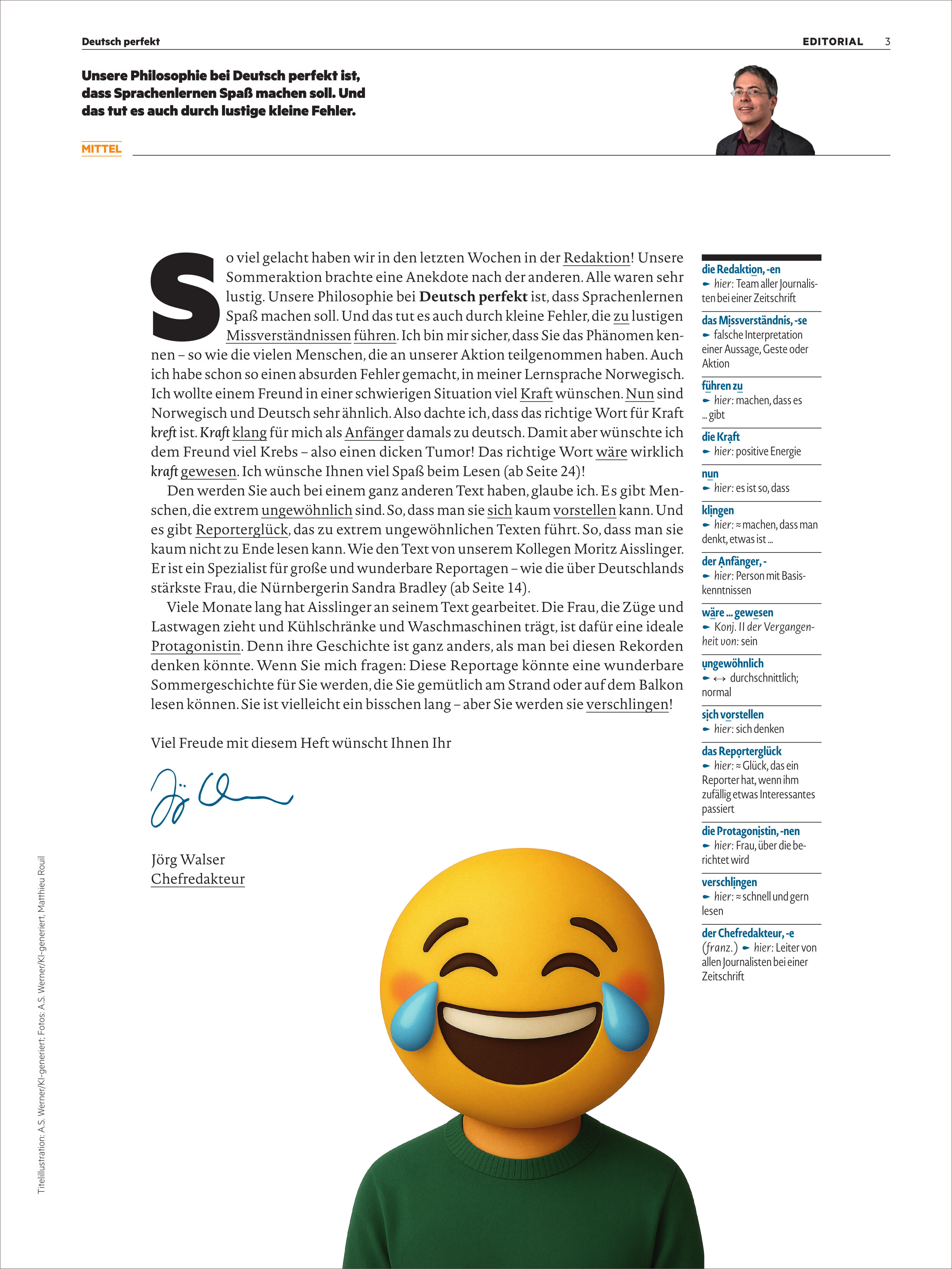 Das Titelblatt des Magazins 'Deutsch perfekt Ausgabe 10/2025' zeigt einen großen Emoji mit Tränen des Lachens vor dem Oberkörper einer Person auf weißem Hintergrund. Links oben steht Text, rechts ist ein Inhaltsverzeichnis abgedruckt. Das Magazin richtet sich an Menschen, die Deutsch als Fremdsprache lernen oder ihre Sprachkenntnisse verbessern möchten, und kombiniert Lerninhalte mit humorvollen Elementen.