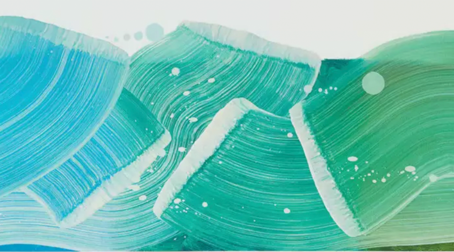Abstrakte Pinselstriche in Blau- und Grüntönen mit weißen Spritzern