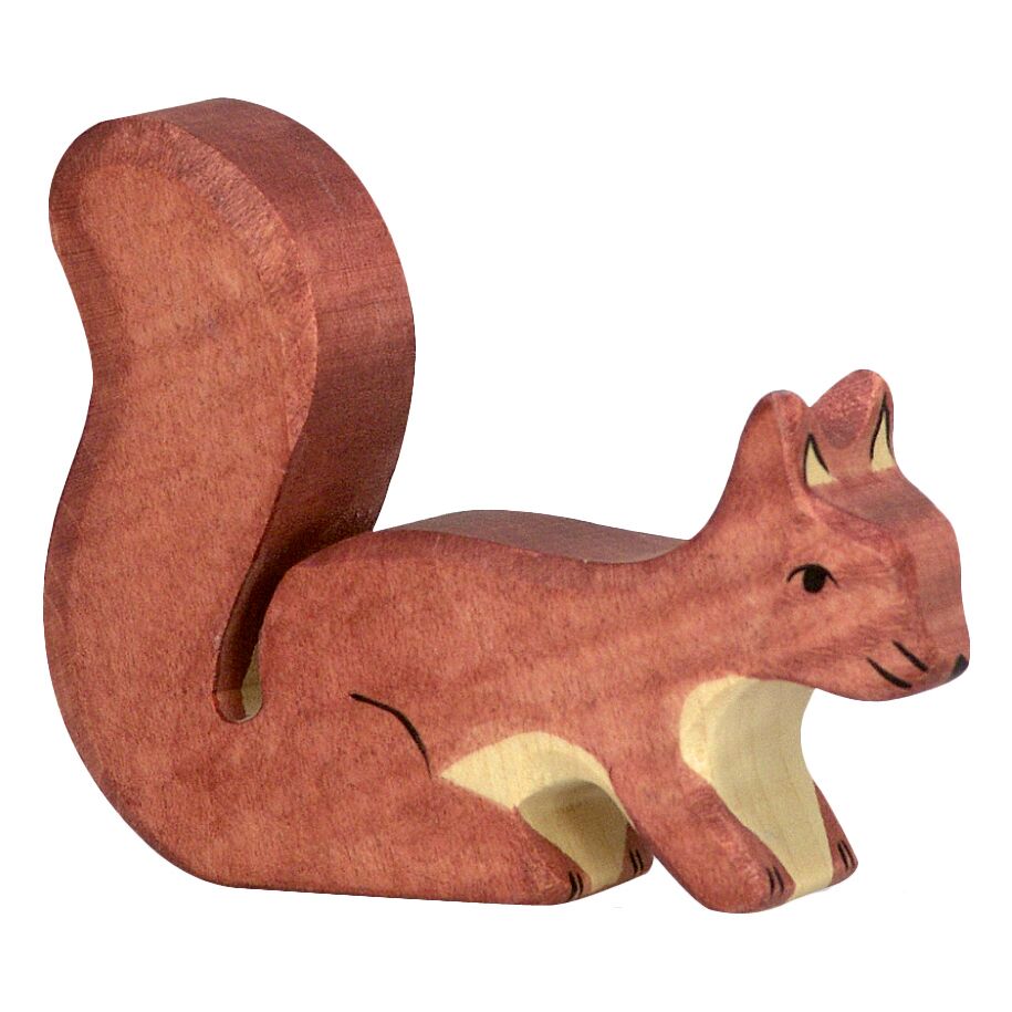 Holzfigur eines Eichhörnchens aus dem Großes Waldtiere-Set. Die Figur zeigt detailreiche Schnitzarbeit mit naturgetreuen Farben. Das Spielzeug eignet sich für Kinder und als Dekoration.