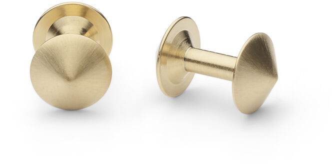 Zwei goldene Manschettenknöpfe, Modell »Icon Modell X«, vor weißem Hintergrund. Luxuriöses und elegantes Design für formelle Anlässe.