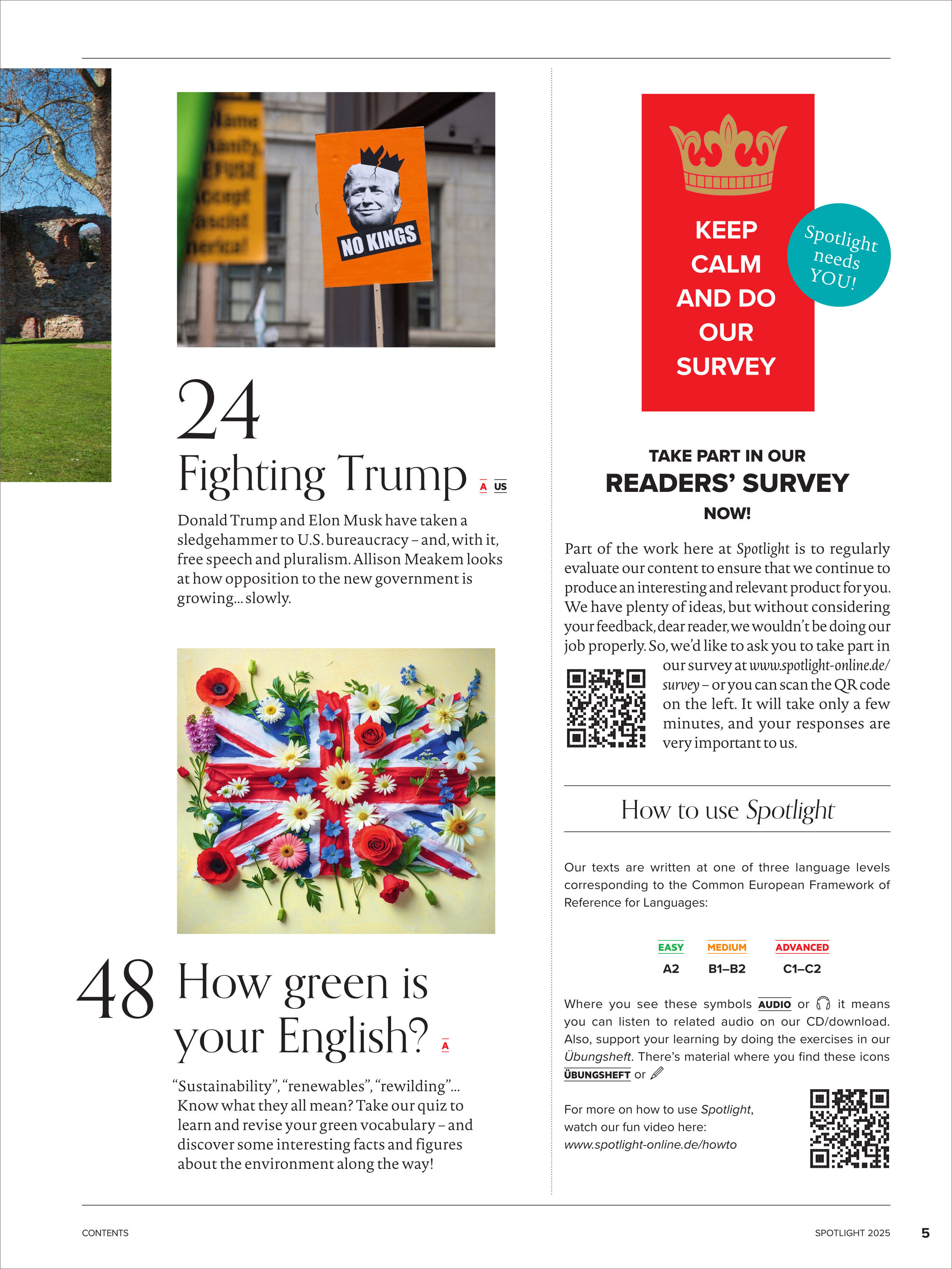 Eine Magazinseite der Spotlight-Ausgabe 7/2025, die Artikel zu politischen und umweltbezogenen Themen beinhaltet, einschließlich eines Abschnitts über Donald Trump und Bürokratie, sowie einer Leserumfrageanzeige.