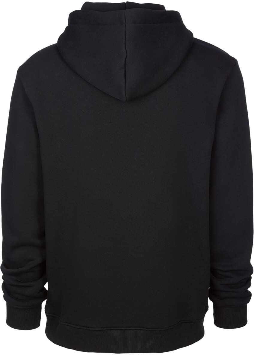 Rückansicht eines schwarzen Hoodies der ZEIT-Kollektion mit Kapuze und langen Ärmeln aus Baumwollstoff.
