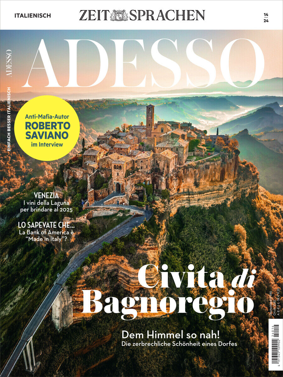 Adesso Magazin Ausgabe 14/2024 mit einem Coverbild von Civita di Bagnoregio, einer italienischen Stadt. Der Himmel ist klar und das Licht der Morgensonne taucht die Landschaft in warme Farben.