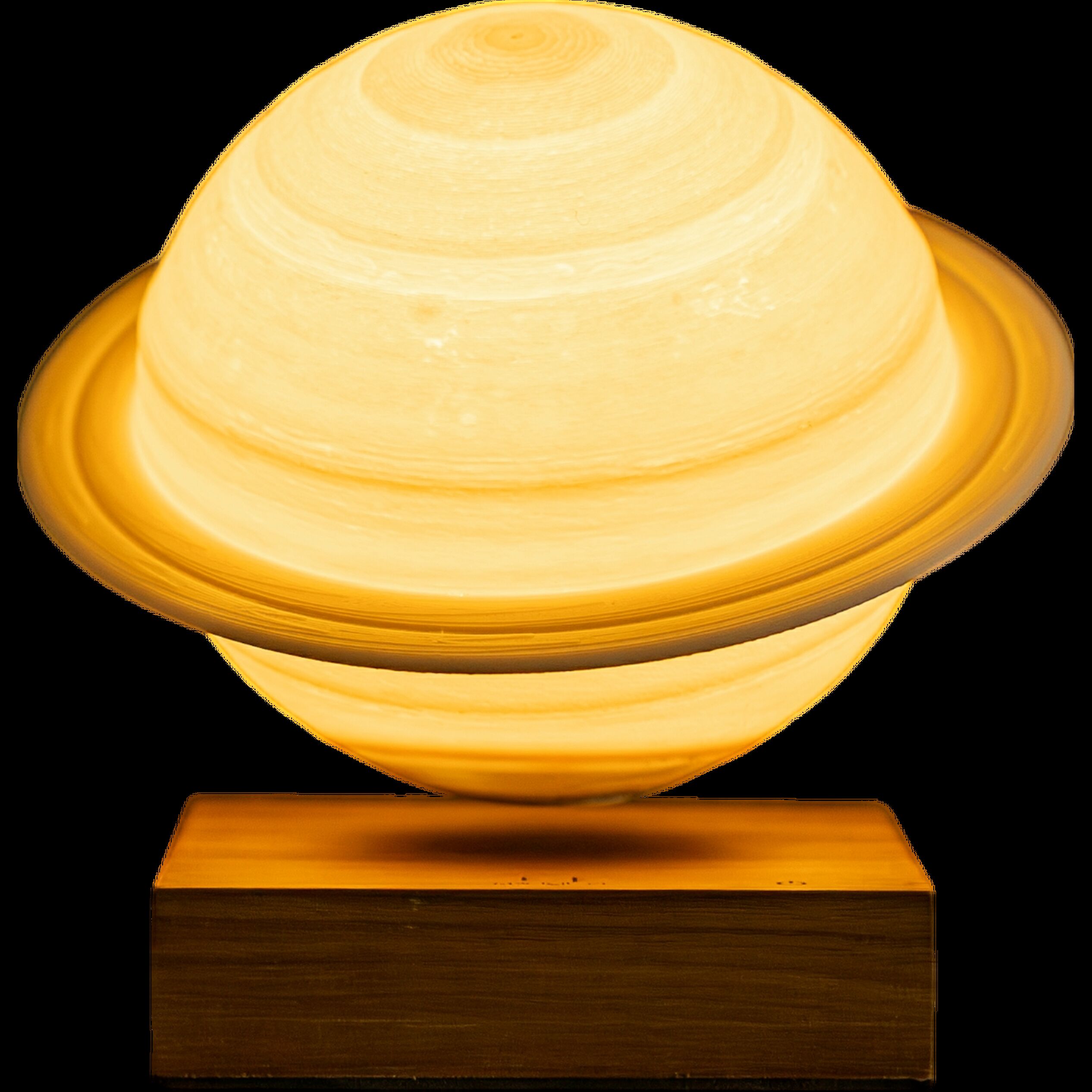 Bild einer Smart Saturn Lampe mit einem leuchtenden, planetenförmigen Design in Gelb und Orange auf einem braunen Sockel.