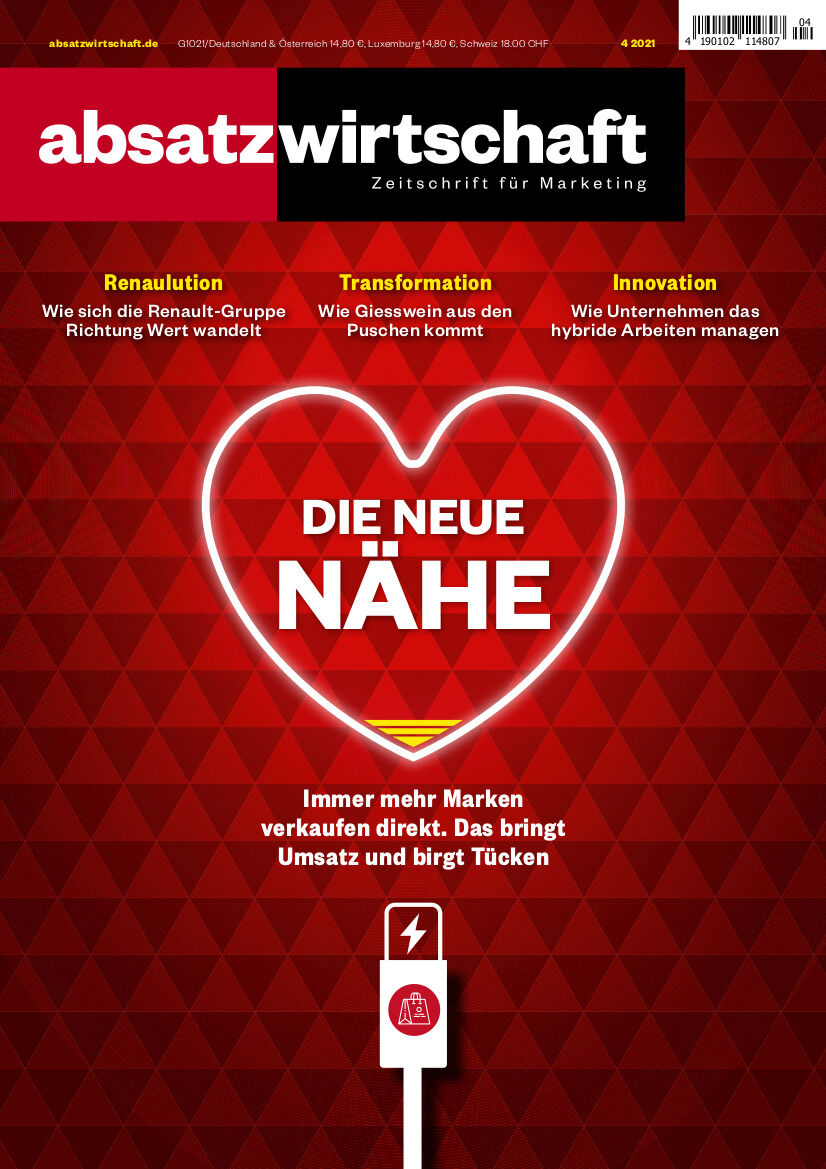 Cover der Zeitschrift 'absatzwirtschaft 4/21' mit dem Titel 'Die neue Nähe'. Darauf ein Herzsymbol mit einem Verkaufsetikett darin. Rote Hintergrundfarbe mit weißer und gelber Schrift.