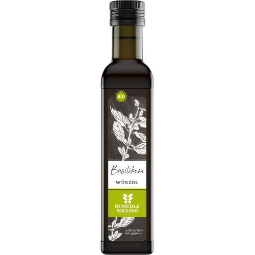 Eine 250 ml Glasflasche mit Bio Basilikum Würzöl der Marke Ölmühle Solling, versehen mit grünem und schwarzem Etikett, illustrierten Basilikumblättern und Schraubverschluss. Die Flasche steht aufrecht vor weißem Hintergrund.