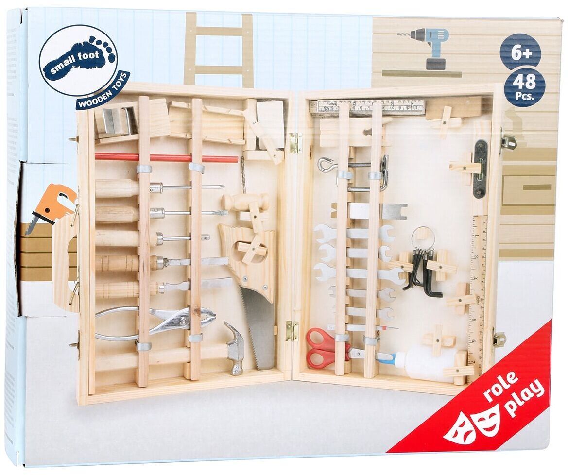Ein Kinder-Werkzeugkoffer aus Holz mit verschiedenen Werkzeugen wie Hammer, Schraubendreher und Schrauben, verpackt in einem Holzkoffer. Geeignet für Kinder ab 6 Jahren mit 48 Teilen.