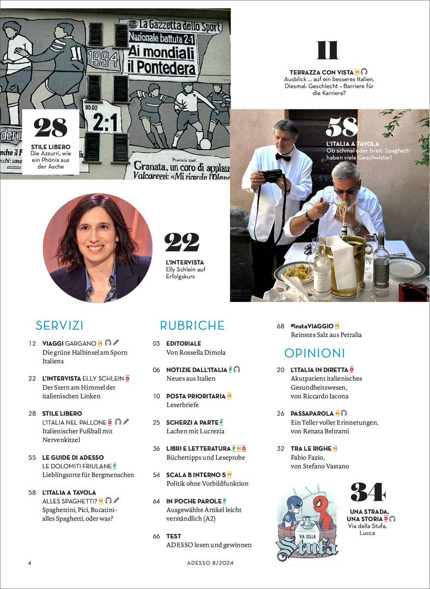 Das Titelbild des Adesso Magazins 08/2024 zeigt verschiedene Inhalte: oben links ein historisches Fußballbild aus Italien, rechts Menschen, die Essen zubereiten, und unten links ein Porträt einer Frau. Zudem sind verschiedene Rubriken und Artikelüberschriften aufgelistet.