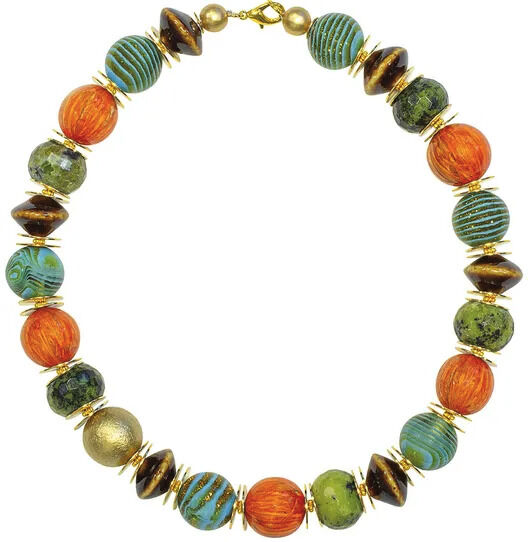 Abbildung einer handgefertigten Halskette namens Collier 'Indian Summer' von Anna Mütz mit bunten, runden Perlen in Orange-, Grün-, Gold-, Braun- und Türkistönen, die einen herbstlichen und künstlerischen Stil vermitteln.