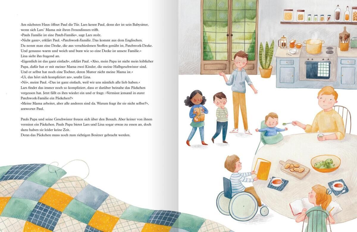 Illustration aus einem Kinderbuch zeigt eine Familie in einer Küche. Ein Erwachsener und vier Kinder sind abgebildet, wobei eines der Kinder im Rollstuhl sitzt. Gemeinsam sitzen sie um einen Tisch und spielen oder essen. Die Szene ist bunt und einladend gestaltet, mit Details wie Geschirr und Küchenelementen im Hintergrund.