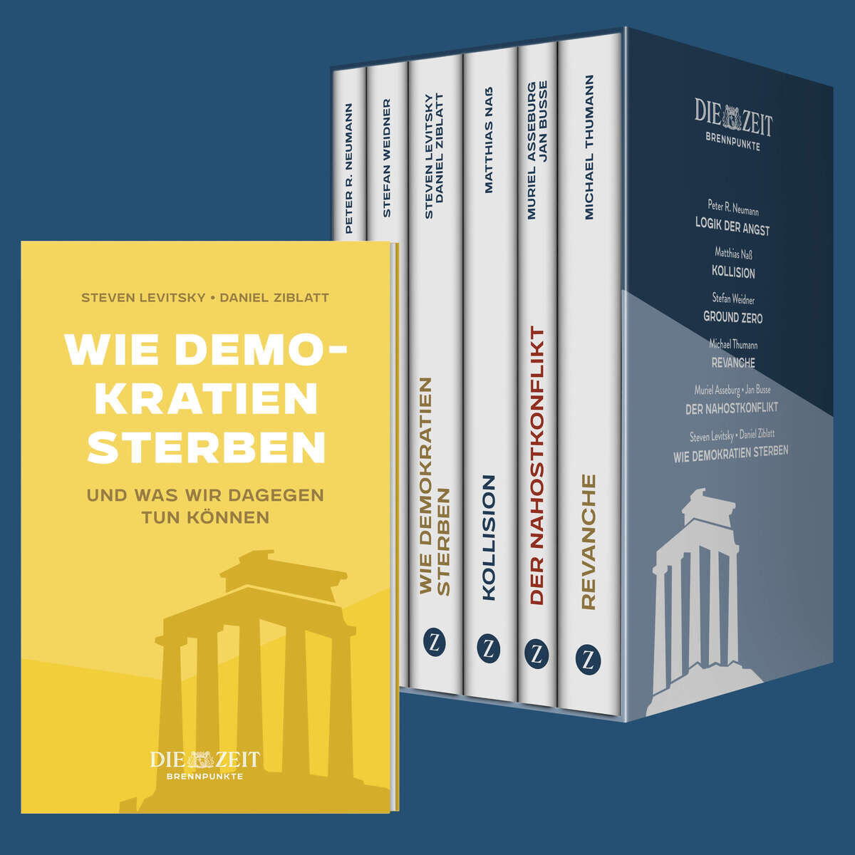 Das Bild zeigt die ZEIT-Edition »Brennpunkte« mit fünf aufrecht stehenden Büchern. Das Buch »Wie Demokratien sterben« in Gelb ist etwas nach vorne gerückt. Die Bücher haben weiße und schwarze Buchrücken, und der Hintergrund ist blau.