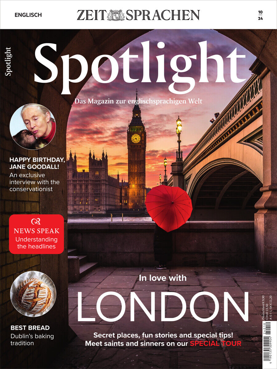 Cover des Spotlight Magazins Ausgabe Oktober 2024. Im Vordergrund ist eine Person mit rotem Regenschirm auf einer Brücke in London zu sehen. Im Hintergrund befinden sich Big Ben und das Parlamentsgebäude bei Sonnenuntergang. Der Titel der Ausgabe lautet 'In love with London'.