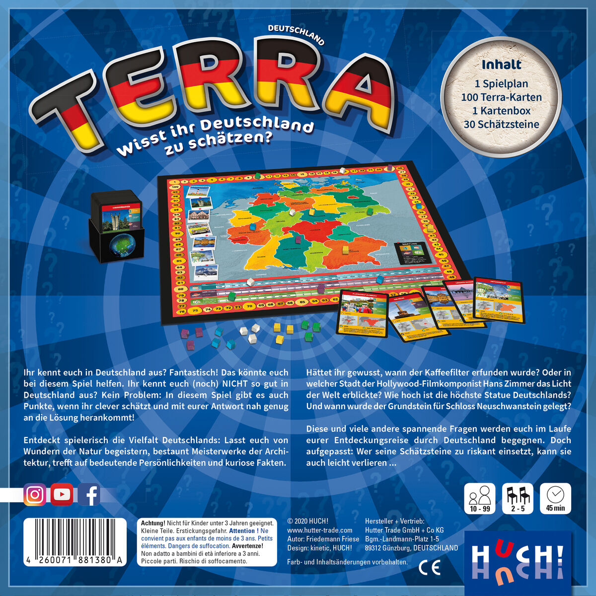 Rückseite der Verpackung des Spiels 'Terra Deutschland'. Zu sehen ist eine Übersichtskarte von Deutschland, ein Spielfeld mit bunten Markierungen, Textinformationen über das Spiel und seine Inhalte in Deutsch sowie bildliche Darstellungen. Der Hintergrund ist blau und die Farben Rot, Gelb und Grün sind auf dem Spielfeld sichtbar.