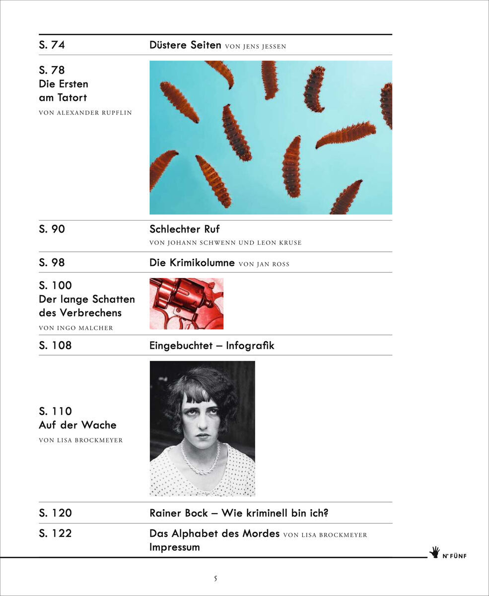 Cover der Ausgabe 5/20 des Magazins ZEIT VERBRECHEN mit Artikeln zu düsteren Seiten, ersten am Tatort, schlechtem Ruf, langen Schatten des Verbrechens, einer Krimikolumne, Infografiken, einem Artikel über einen Wachmann, einem Porträt von Rainer Bock, und dem Alphabet des Mordes.