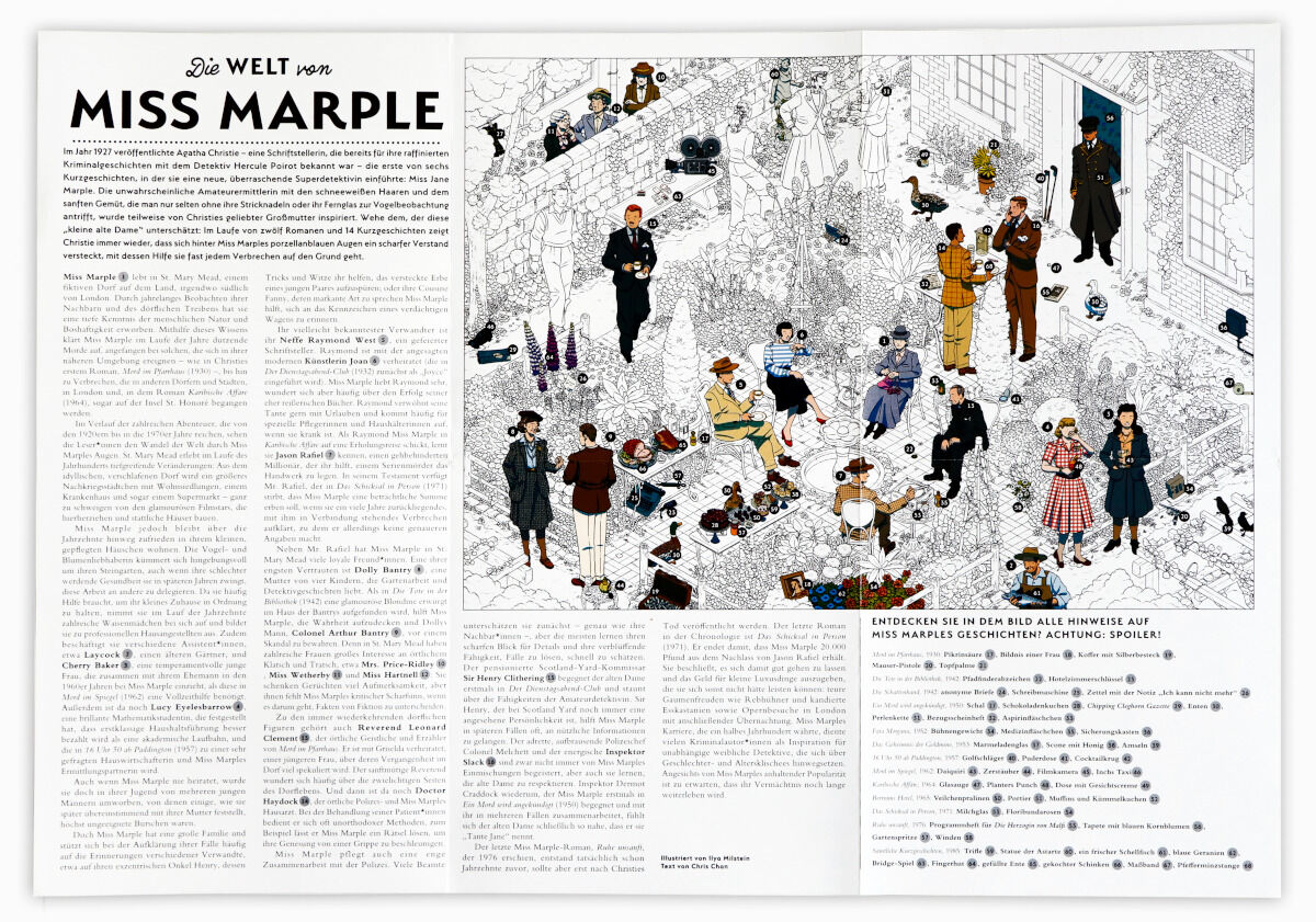Puzzle „Die Welt von Miss Marple“ zeigt eine komplexe Illustration mit einer Vielzahl von Charakteren in verschiedenen Szenen. Der Hintergrund ist vorwiegend weiß mit schwarzen Linienstücken, ergänzt durch Akzente in Braun und Pastellfarben. Oben links befindet sich eine große Überschrift, und darunter sowie auf der rechten Seite befinden sich erklärende Texte.