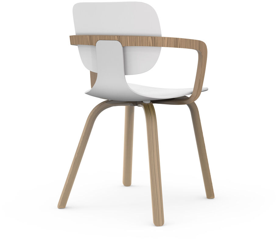 Stuhl »com 66« in Weiß mit Beinen und Armlehnen aus Eiche. Der Stuhl hat ein modernes, minimalistisches Design mit einer geschwungenen Rückenlehne und bequemer Sitzfläche.