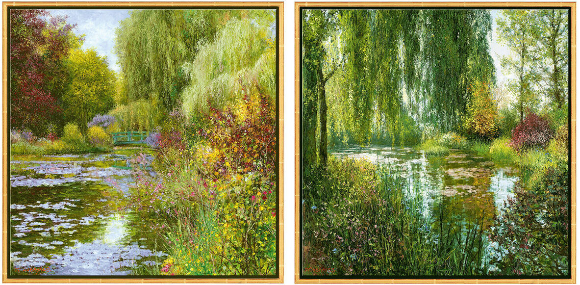 Zwei Gemälde, die Impressionen von Giverny zeigen, einem Seerosenteich und einem Fluss, umgeben von üppigem Grün und Blumen, im Stil des Impressionismus.