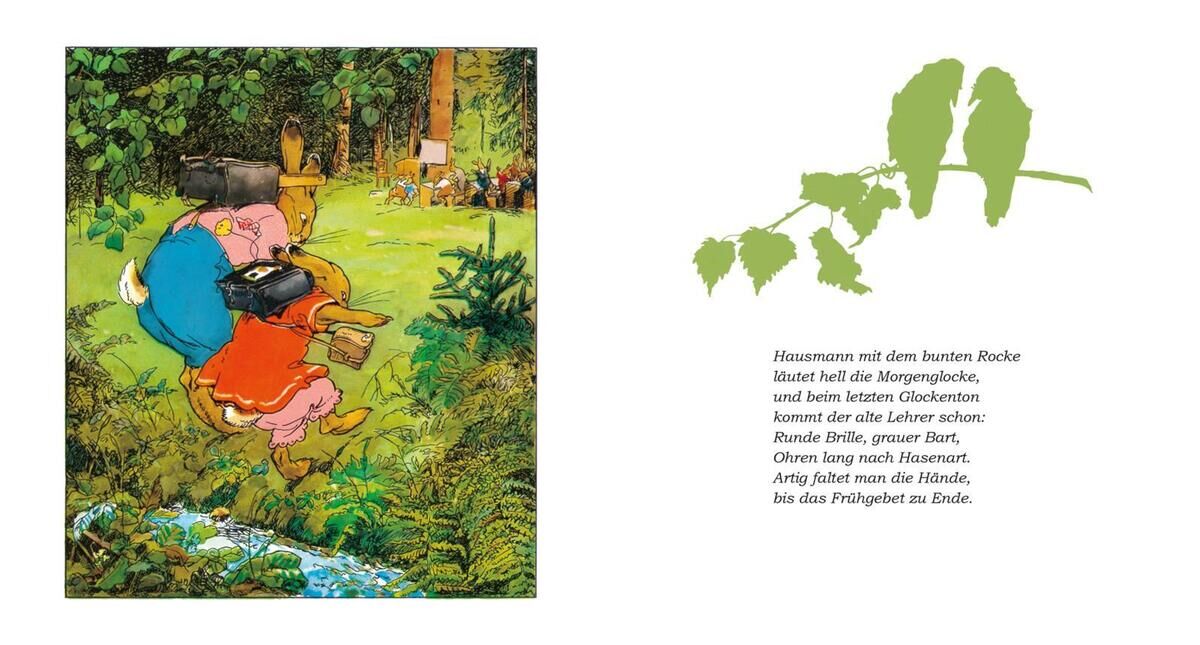 Das Bild zeigt eine Illustration aus dem Buch 'Die Häschenschule'. Eine Lehrerin mit einem Buch unter dem Arm führt eine Gruppe von Hasenkindern durch einen grünen Wald. Der Text auf der rechten Seite beschreibt den Beginn eines Schultages. Insgesamt wirken die Farben lebendig und naturverbunden.