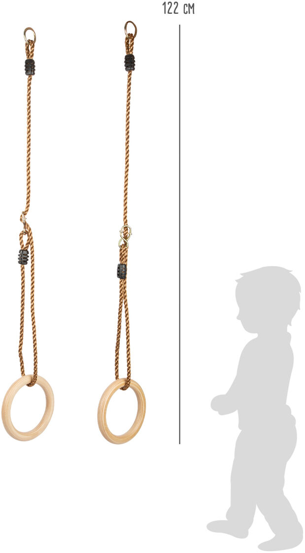 Zwei Turnringe aus Holz an langen, geflochtenen Seilen, die etwa 122 cm lang sind. Die Turnringe sind für Kinder geeignet und zeigen eine Skizze eines Kindes zur Größenreferenz.