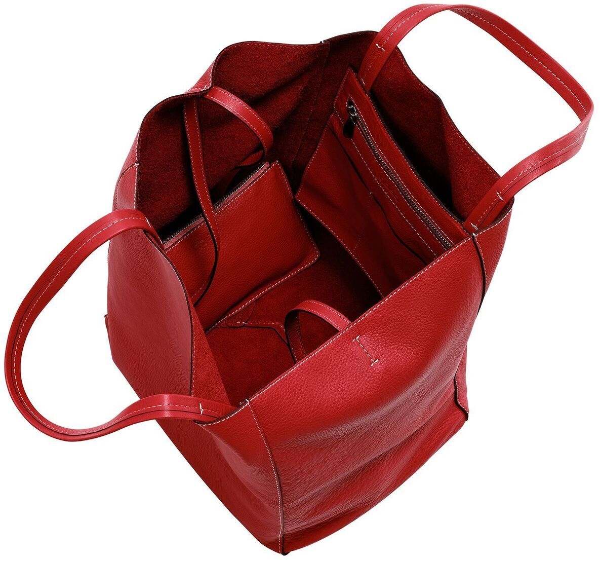 Rote Ledertasche mit zwei Henkeln und mehreren Fächern, darunter ein Reißverschlussfach. Die Innenseite ist ebenfalls rot gefüttert.