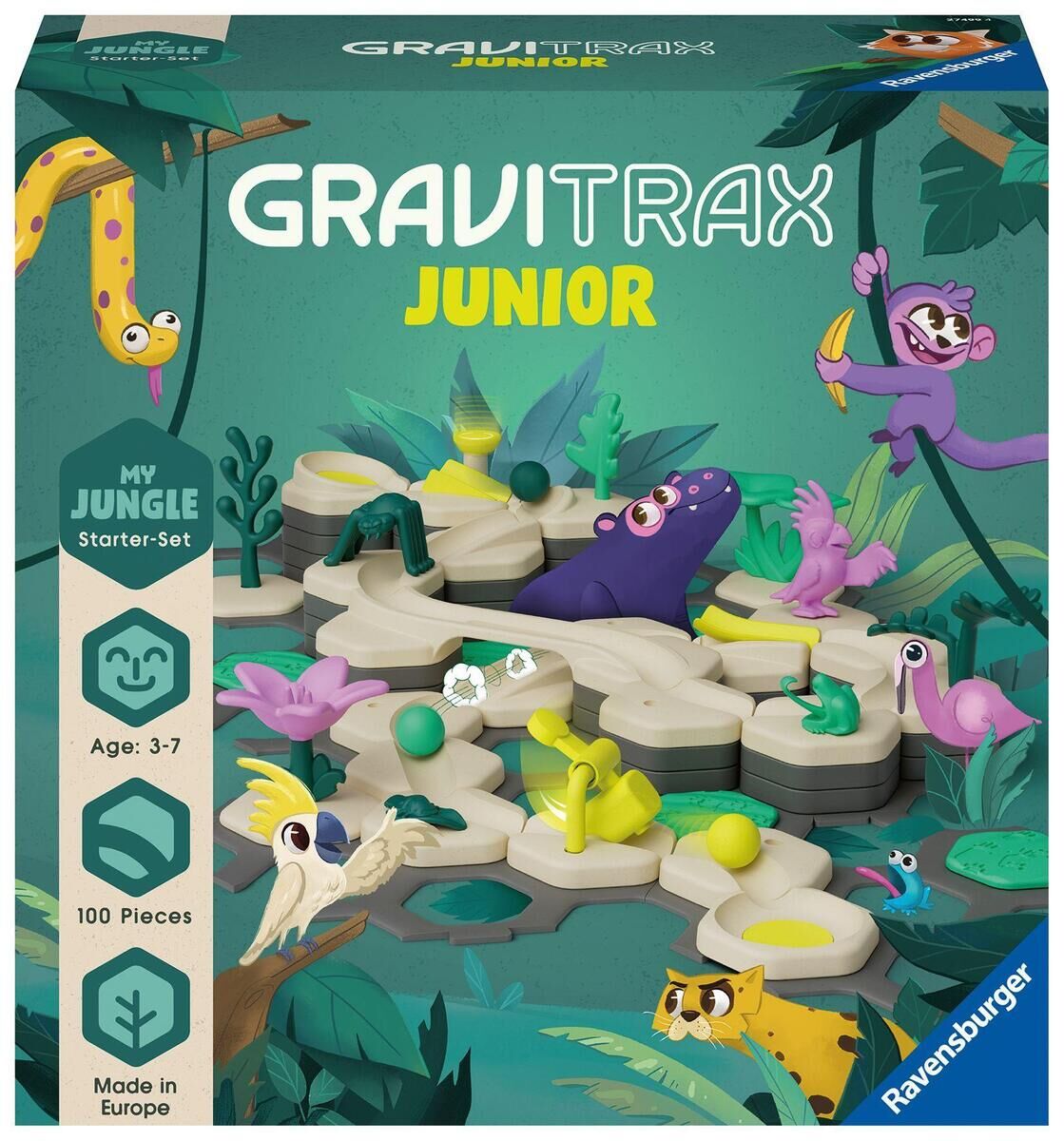 Der GraviTrax Junior Starter-Set L Jungle zeigt eine Dschungel-Kugelbahn, umgeben von bunten, kindgerechten Tierfiguren aus dem Animationsdesign. Geeignet für Kinder von 3 bis 7 Jahren.