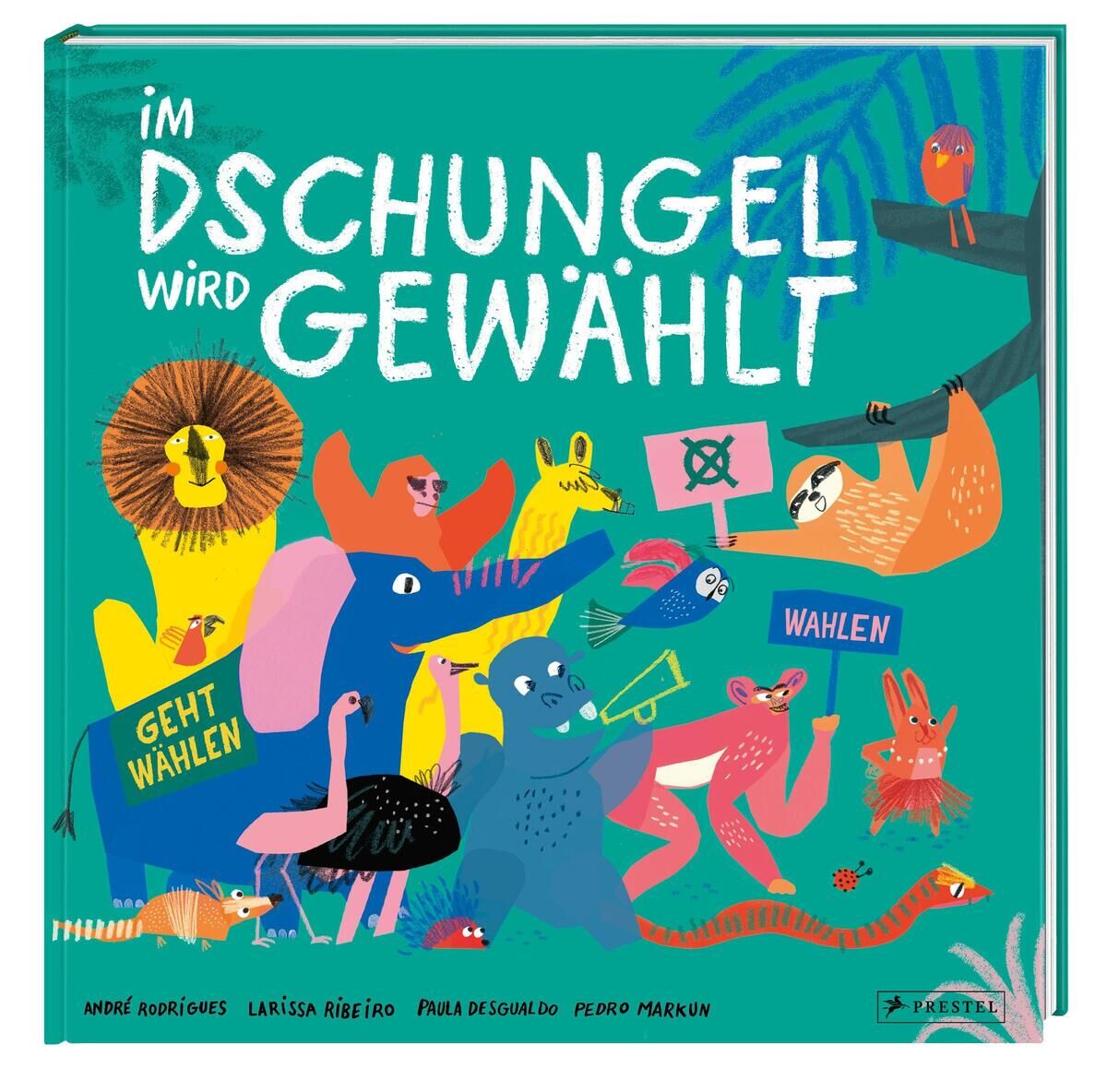 Das Buch 'Im Dschungel wird gewählt' zeigt bunte Illustrationen von verschiedenen Tieren, die an einer Wahl im Dschungel teilnehmen. Der Hintergrund ist überwiegend blau mit grünen und anderen bunten Akzenten. Im Vordergrund sieht man Tiere, darunter Löwen, Affen, Elefanten, und Vögel, die Schilder und Wahlplakate halten.